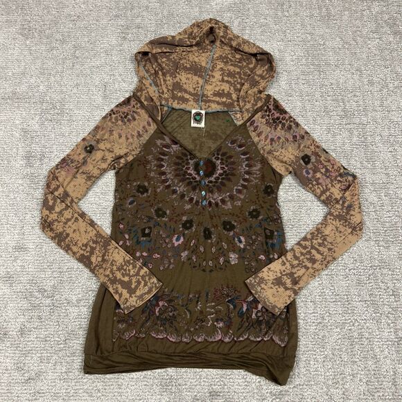 Free People Burnout Tee Shirt Womens Large Hooded Y2K Top Brown - Picture 1 of 7